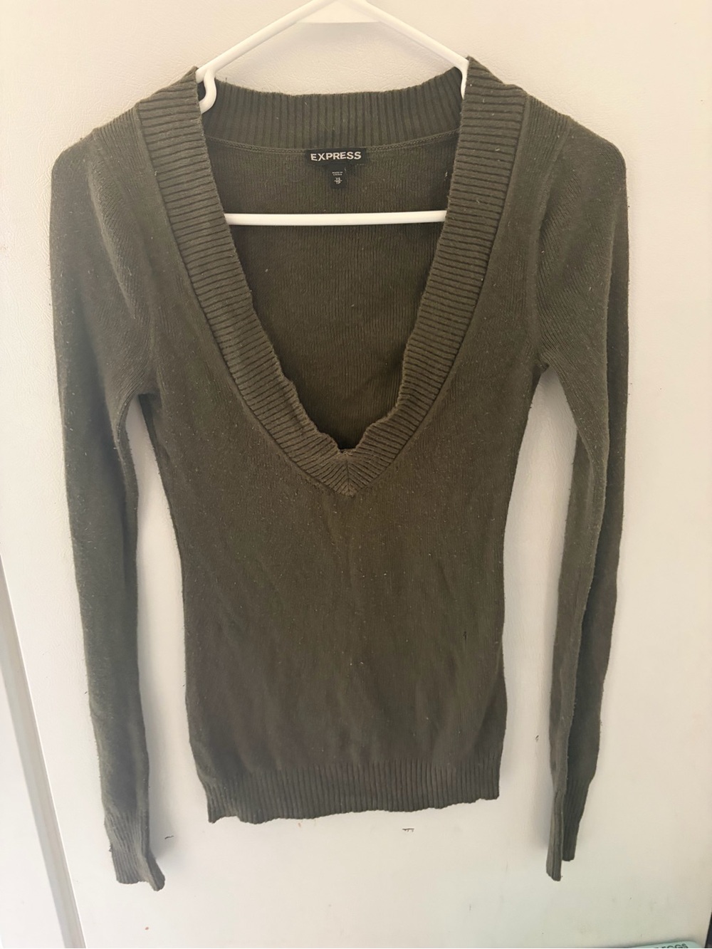 Express Olive Green Deep V-Neck Ribbed Sweater